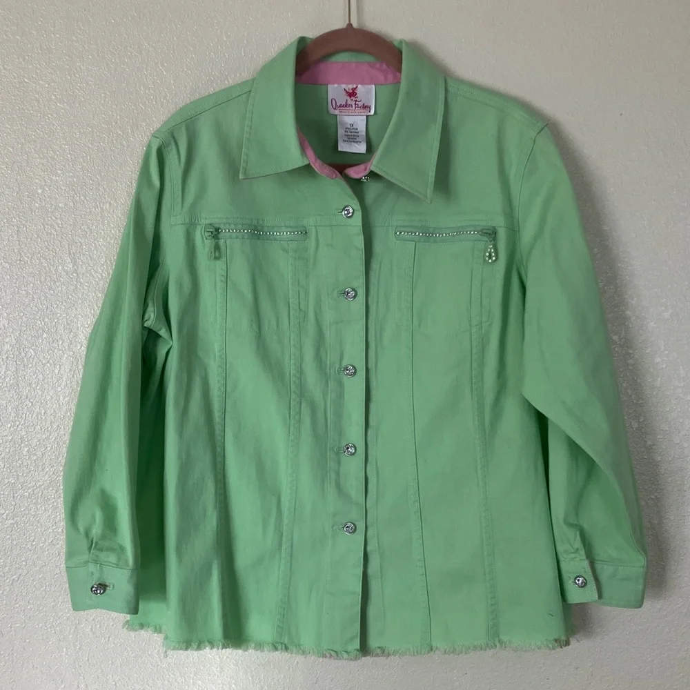 Quacker Factory Rhinestone Button Spring Green Jacket, 1X - Picture 1 of 7